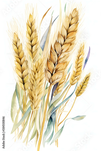 Ears of wheat and ears isolated on white background of a wheat field. Watercolor hand-drawn illustration