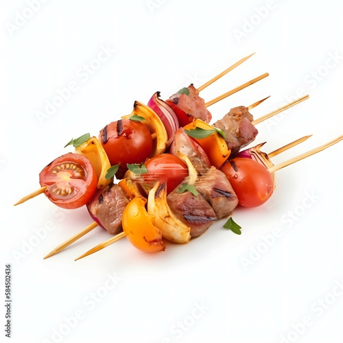 Grilled Meat Skewers and Roasted Shish Kebab with Onion and Tomatoes Isolated on White Background