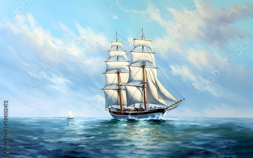 A large white sailboat is sailing in the ocean. The sky is cloudy and the water is choppy