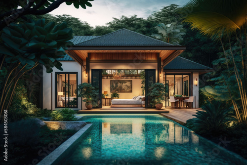 Exterior and interior design of tropical pool villa with green garden and bedroom, generative AI