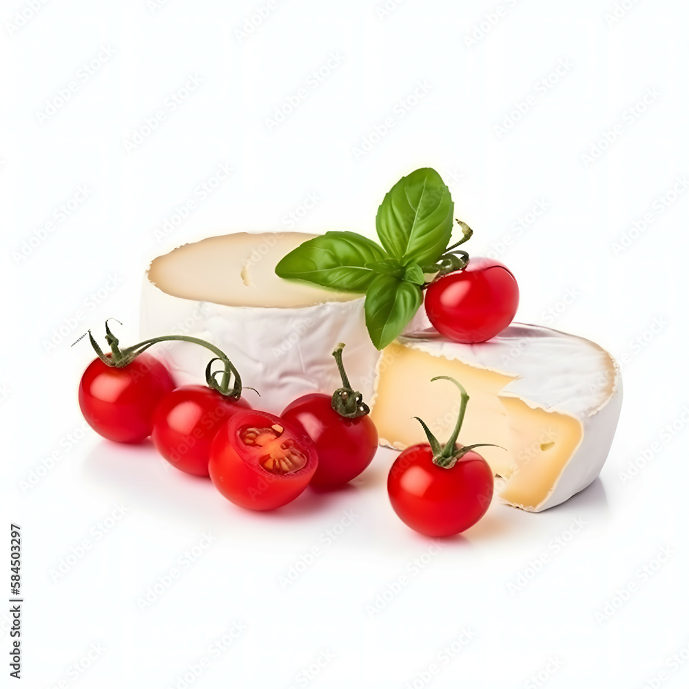 Sliced Camembert cheese with red cherry tomatoes and basil leaves isolated on white background Sliced Camembert cheese with red cherry tomatoes and basil leaves isolated on white background