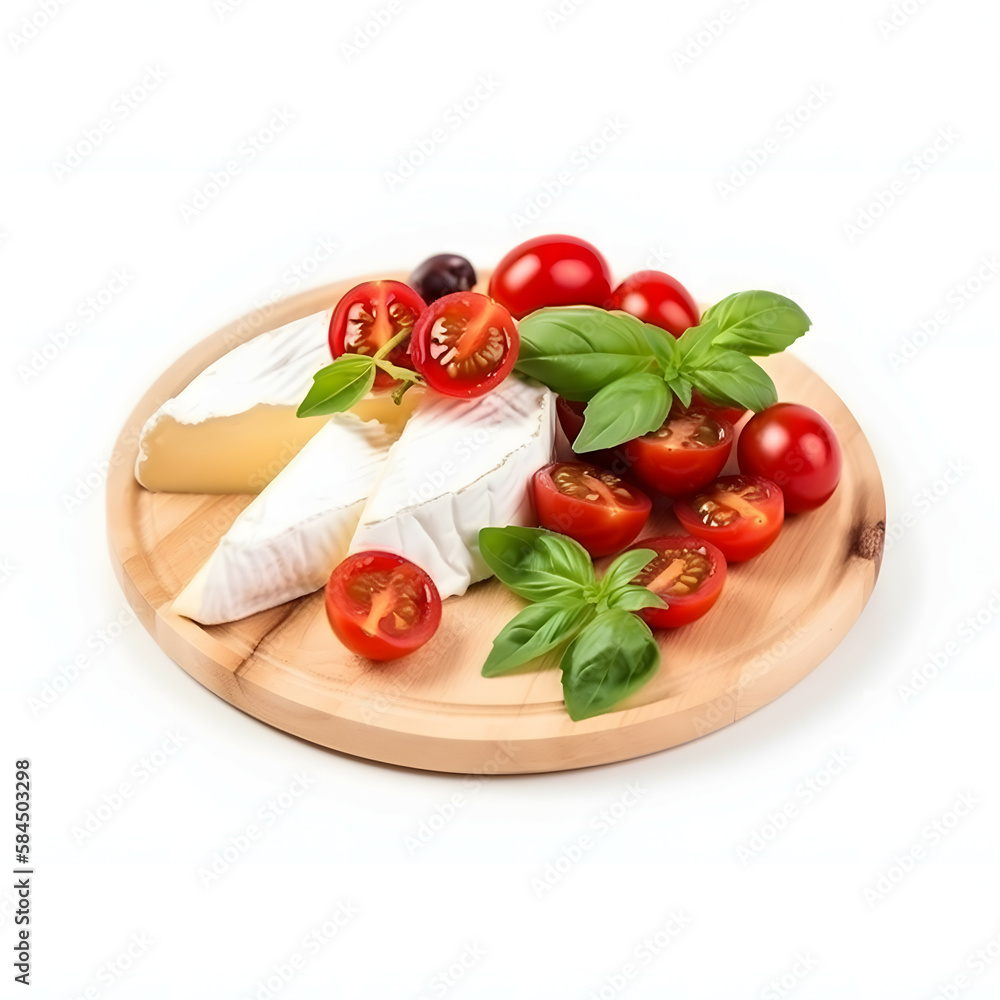 Sliced Camembert cheese with red cherry tomatoes and basil leaves isolated on white background Sliced Camembert cheese with red cherry tomatoes and basil leaves isolated on white background
