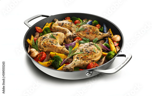 Roasted chicken legs in pan with vegetables isolated on white
