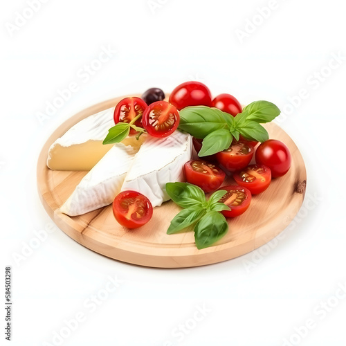 Sliced Camembert cheese with red cherry tomatoes and basil leaves isolated on white background