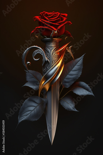 Fotografia A dagger and a red rose against a black background