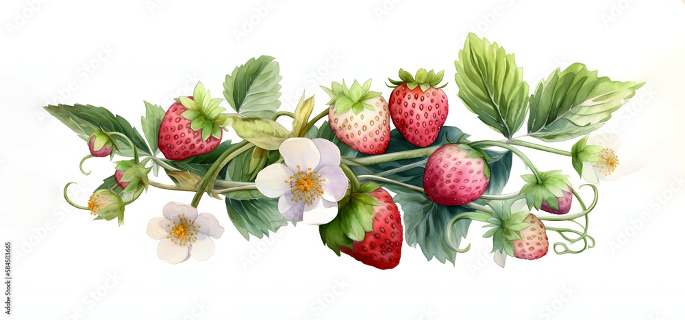 Hand drawn illustration of strawberry with branches, strawberry vines plant isolated on white background Hand drawn illustration of strawberry with branches, strawberry vines plant isolated on white background