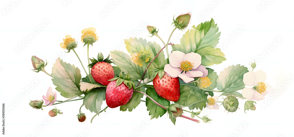 Hand drawn illustration of strawberry with branches, strawberry vines plant isolated on white background Hand drawn illustration of strawberry with branches, strawberry vines plant isolated on white background