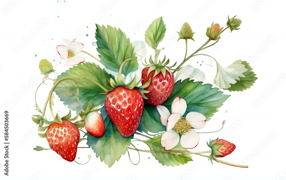 Hand drawn illustration of strawberry with branches, strawberry vines plant isolated on white background Hand drawn illustration of strawberry with branches, strawberry vines plant isolated on white background
