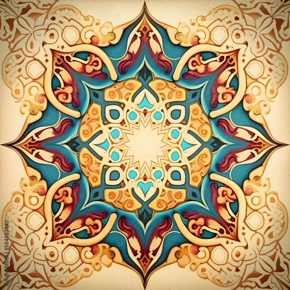 A colorful and intricate arabic pattern design with a blue and tan background. The design is a circle with a flower in the center