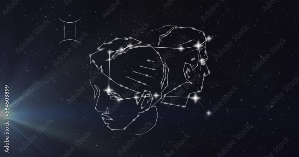 Animation of gemini star sign on clouds of smoke in background Animation of gemini star sign on clouds of smoke in background