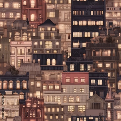 Seamless pattern with a cityscape with roof tops and sky scrapers. Made with Generative AI.