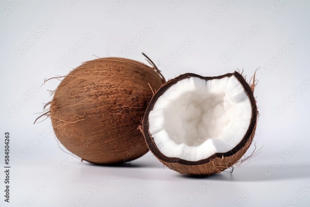 Closeup of coconuts on white background. Created by Generative AI technology. Closeup of coconuts on white background. Created by Generative AI technology.