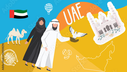 UAE concept cartoon collage with people, men and women characters, as well as tourist attractions and symbols of the United Arab Emirates.