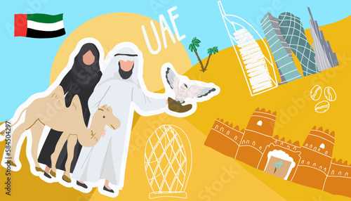 UAE concept cartoon collage with people, men and women characters, as well as tourist attractions and symbols of the United Arab Emirates.