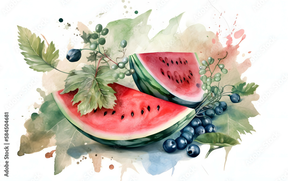 Hand drawn illustration of watermelon with branches, watermelon vines