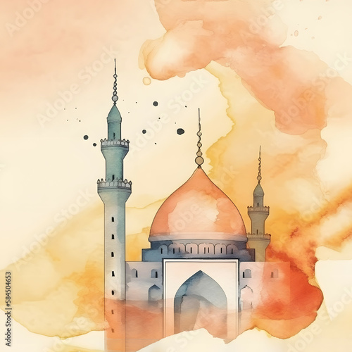 A watercolor painting of a mosque with a red dome. The painting is done in a soft, pastel color palette, The architecture of the mosque is intricate and detailed