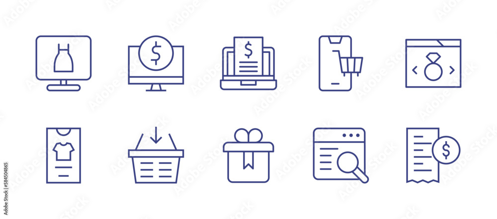 E-commerce line icon set. Editable stroke. Vector illustration. Containing clothes, trade, invoice, shopping, online shop, ecommerce, shopping basket, gift, broswer, bill.