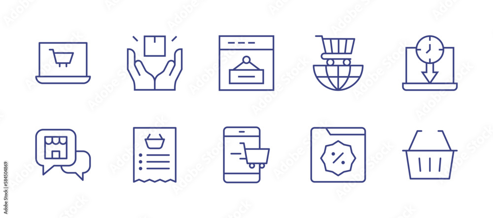 E-commerce line icon set. Editable stroke. Vector illustration. Containing ecommerce, delivery, sale, trading, limited time, question, shopping list, online shopping, cyber monday, shopping basket.