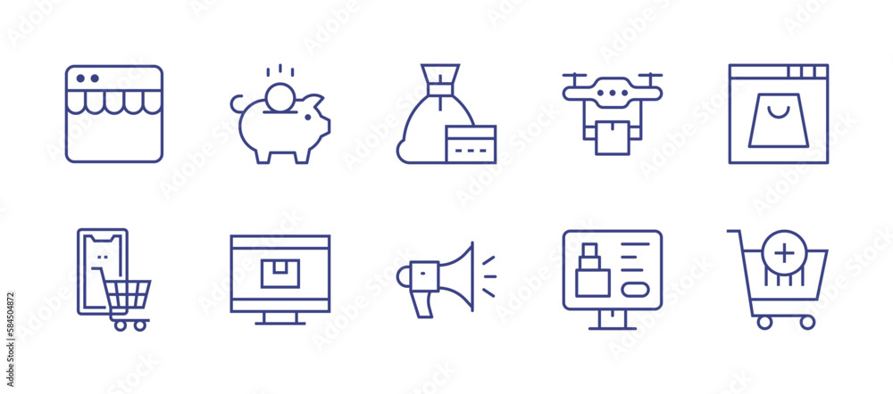 E-commerce line icon set. Editable stroke. Vector illustration. Containing online shopping, savings, tag, drone delivery, mobile shopping, online shop, megaphone, vape, shopping cart.