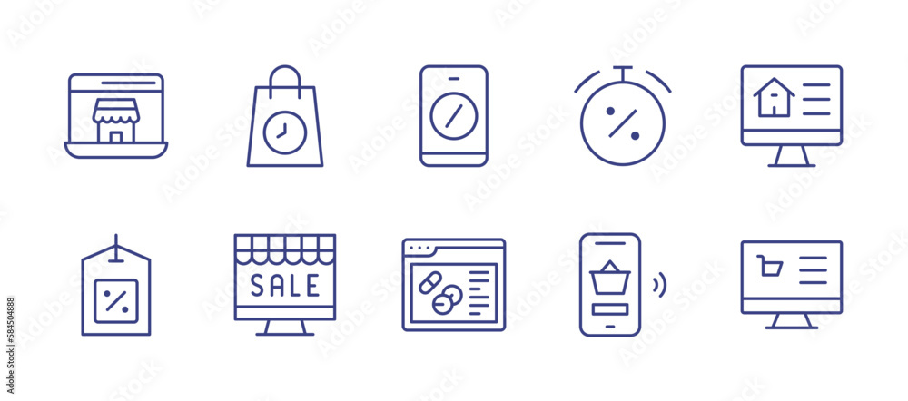 E-commerce line icon set. Editable stroke. Vector illustration. Containing online store, shopping bag, smartphone, sales, ecommerce, tag, online shopping, browser, phone, online shop.
