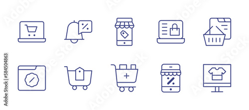 E-commerce line icon set. Editable stroke. Vector illustration. Containing online shopping, notification, shopping, black friday, shopping cart, add to cart.
