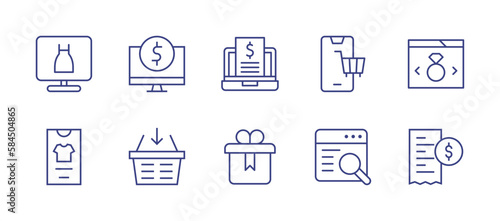 E-commerce line icon set. Editable stroke. Vector illustration. Containing clothes, trade, invoice, shopping, online shop, ecommerce, shopping basket, gift, broswer, bill.