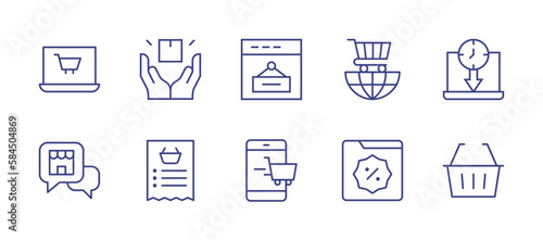 E-commerce line icon set. Editable stroke. Vector illustration. Containing ecommerce, delivery, sale, trading, limited time, question, shopping list, online shopping, cyber monday, shopping basket.