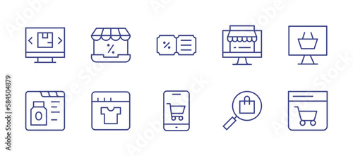 E-commerce line icon set. Editable stroke. Vector illustration. Containing shipping, online shopping, coupon, ecommerce, online store, shopping, mobile phone, search. © Huticon