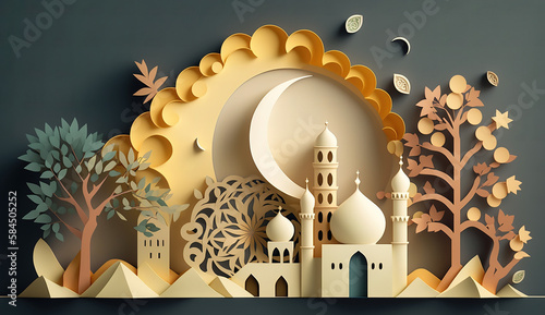 eid al fitr illustration from papercut art created with generative AI technology