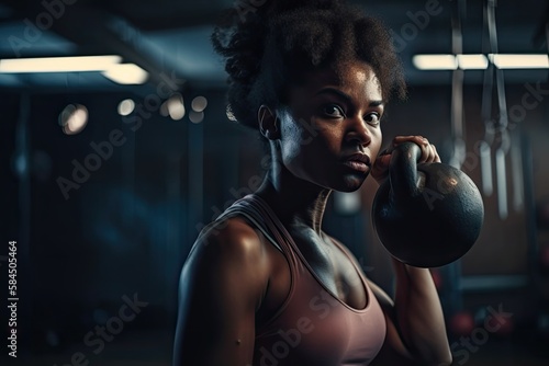 Photo of a strong determined African American black woman training and exercising in a gym alone with kettle bells. High quality generative AI © MVProductions