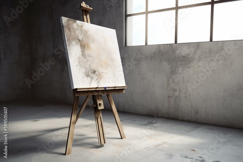 Photo A blank artist's canvas on an easel against a concrete wall background