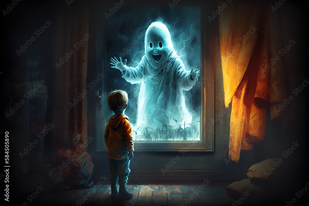 child seeing ghost created using AI Generative Technology Stock