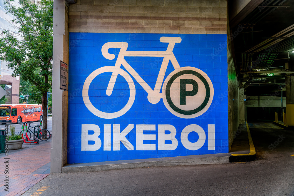 BOISE, IDAHO CIRCA JUNE, 2022 Painted wall sign of bicycle locker