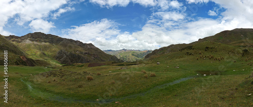 HUANCAVELICA, PERU - MARCH 23, 2023: Panoramic view of a natural landscape located near the city of Huancavelica. Blue sky, cumulus clouds, pampa and vegetation.