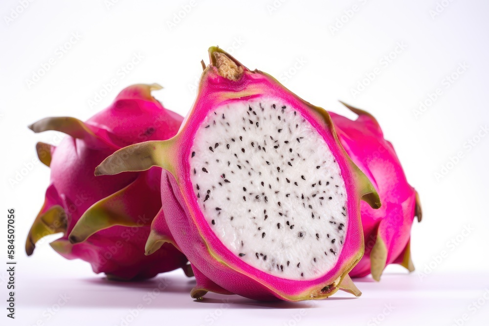 Closeup of a Dragon Fruit on a white background. Created by Generative AI technology. Closeup of a Dragon Fruit on a white background. Created by Generative AI technology.