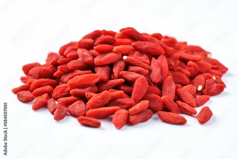 Closeup of Goji berries on a white background. Created by Generative AI technology. Closeup of Goji berries on a white background. Created by Generative AI technology.