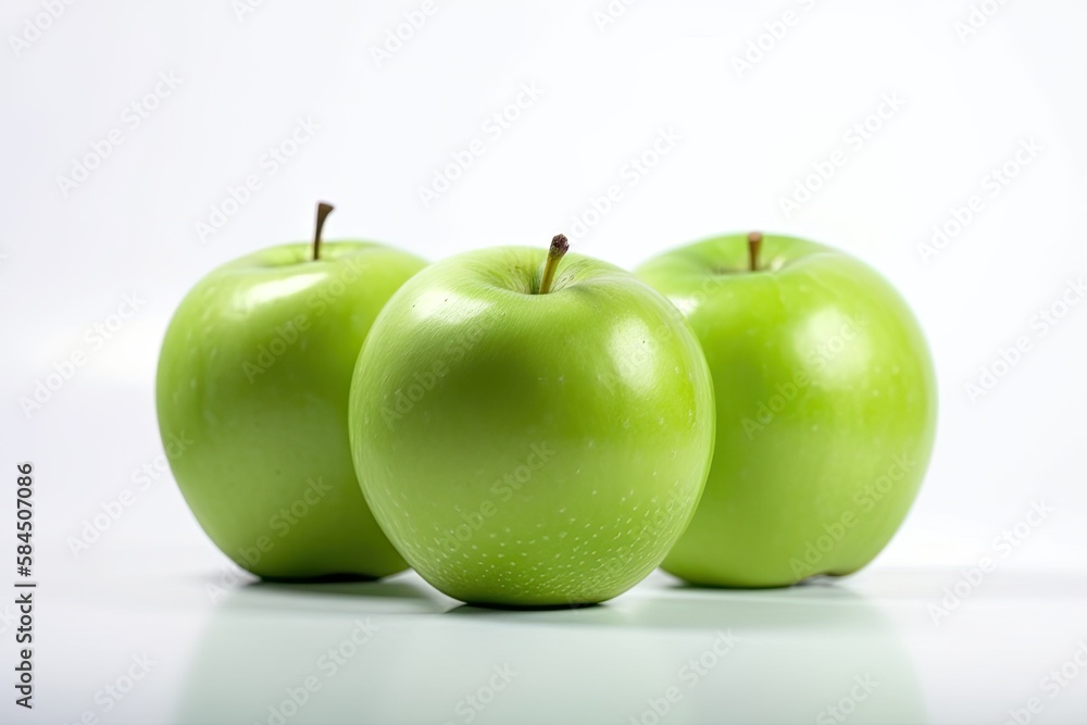 Closeup of Granny Smith Apples on a white background. Created by Generative AI technology. Closeup of Granny Smith Apples on a white background. Created by Generative AI technology.
