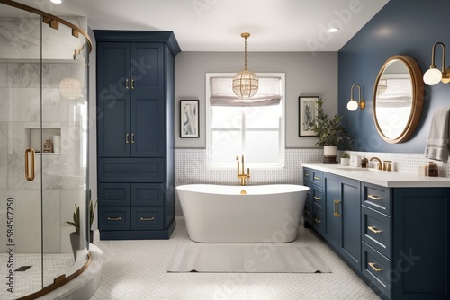 Fotomurale A beautiful bathroom with a blue vanity cabinet, standalone bathtub and shower, and gold faucets
