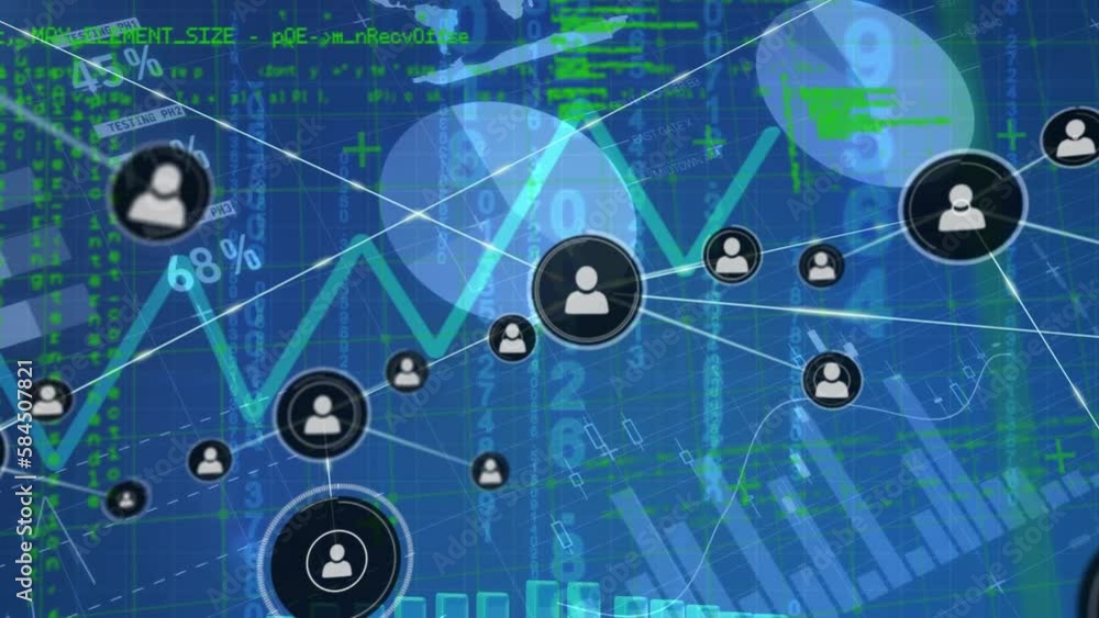 Animation of network of connections with icons and world map over data processing on blue background Animation of network of connections with icons and world map over data processing on blue background