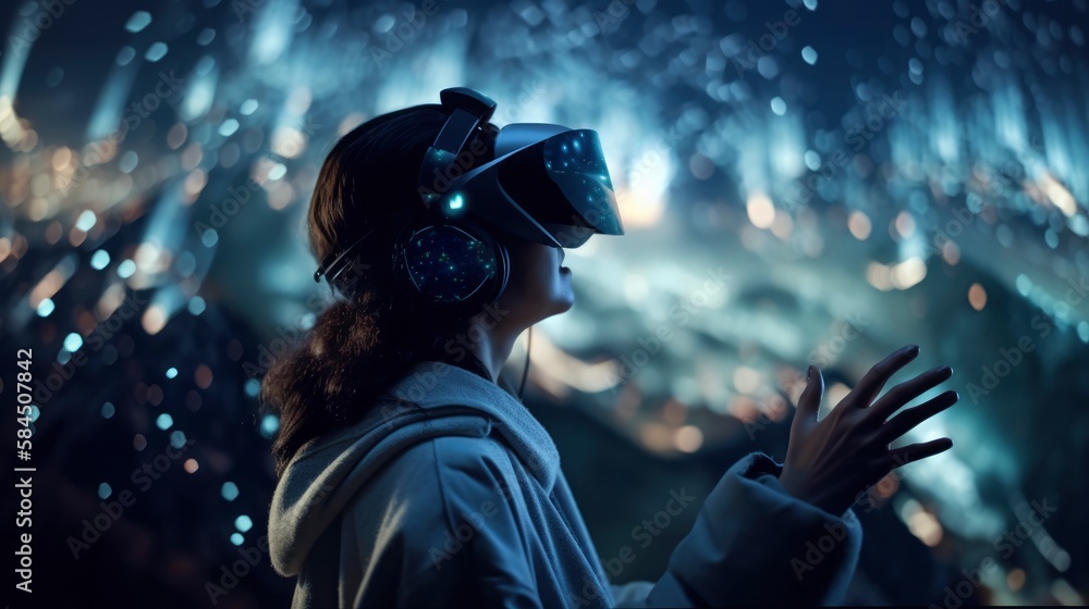 Immersed in a Virtual Reality World Girl Wearing VR Headset and Exploring Artificial Environments, network link connection, hands in the air, generative ai