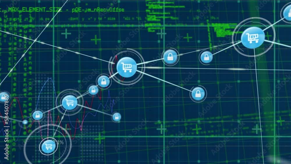 Animation of network of connections with icons over data processing on blue background Animation of network of connections with icons over data processing on blue background