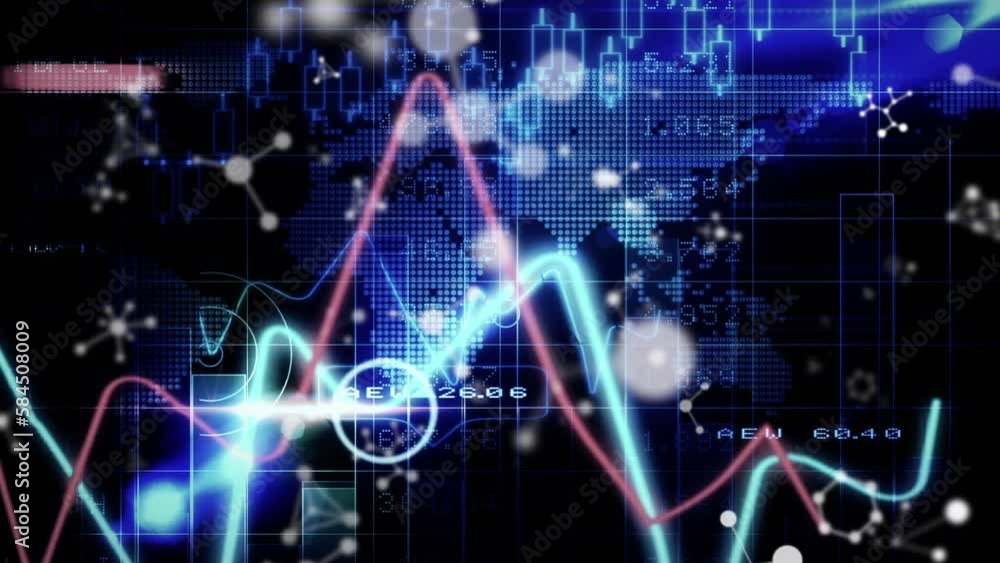 Animation of data processing and stock market over molecules and world map on black background Animation of data processing and stock market over molecules and world map on black background