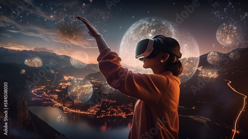 Immersed in a Virtual Reality World Girl Wearing VR Headset and Exploring Artificial Environments, network link connection, hands in the air, generative ai