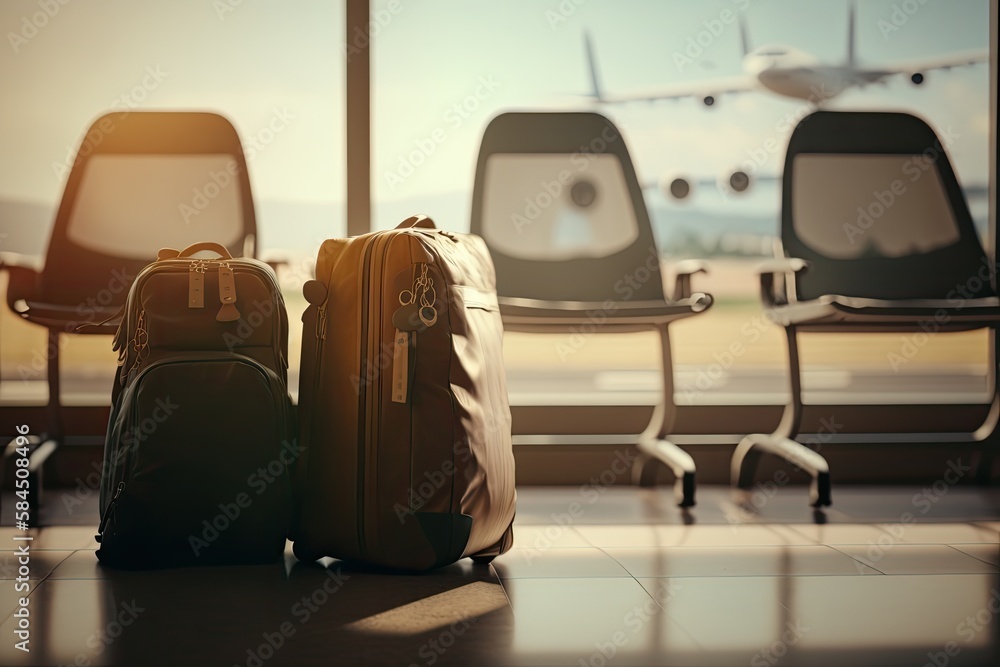 Two suitcases at the airport, with airplane in the background and sunset light. Waiting to catch a flight. Heavy baggage. Copyspace. Generative AI Two suitcases at the airport, with airplane in the background and sunset light. Waiting to catch a flight. Heavy baggage. Copyspace. Generative AI