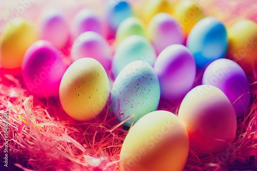 Colorful Easter eggs on straw. Generative AI