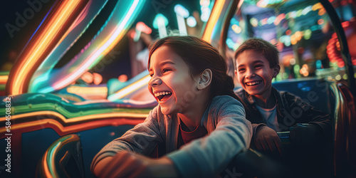 A boy and girl on a ride at the amusement park at night by generative AI photo