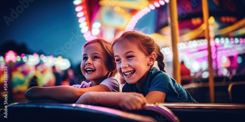 Two girls on a ride at the amusement park at night by generative AI