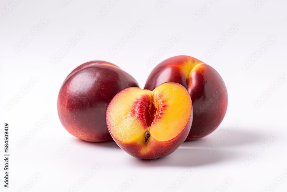 Closeup of Nectarines on a white background. Created by Generative AI technology.