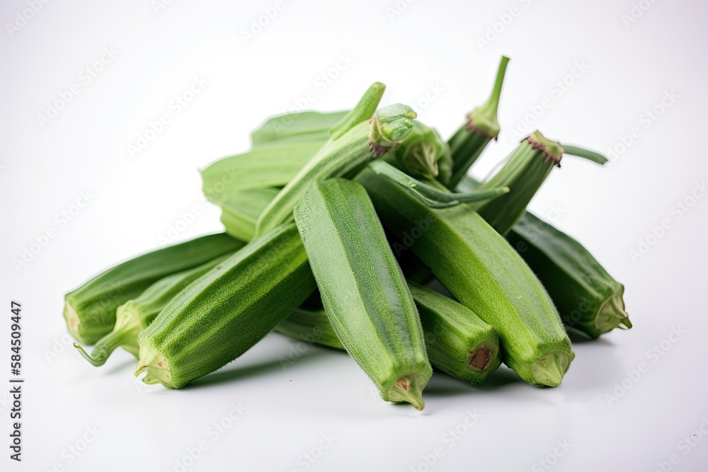 Closeup of Okra on a white background. Created by Generative AI technology. Closeup of Okra on a white background. Created by Generative AI technology.