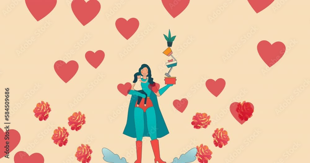 Animation of superhero mother with daughter and heart icons over flowers on beige background Animation of superhero mother with daughter and heart icons over flowers on beige background